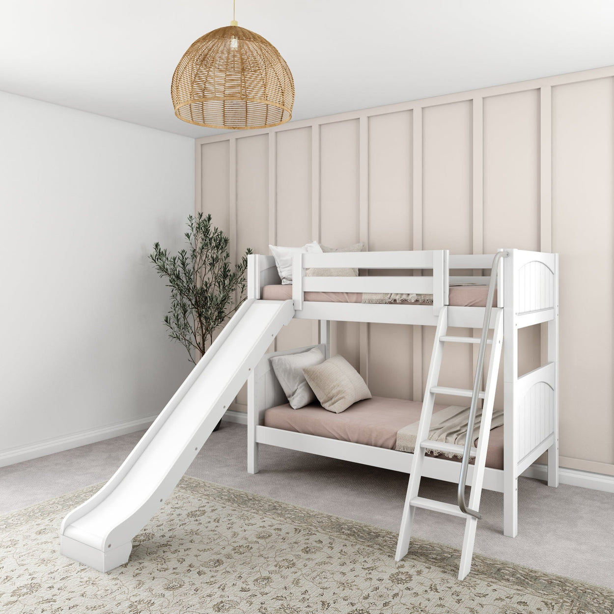 White wooden bunk bed with slide in modern children's bedroom with beige panel wall and natural decor.