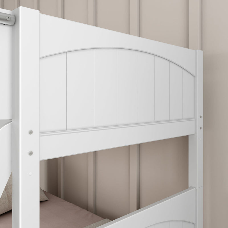 White wooden bunk bed with arched panel headboard and safety rail in a minimalist beige kids' bedroom