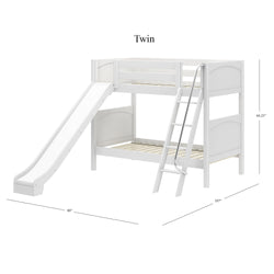 Twin size white loft bed with slide and ladder, dimensions 80" x 107" x 66.25", children's bedroom furniture.