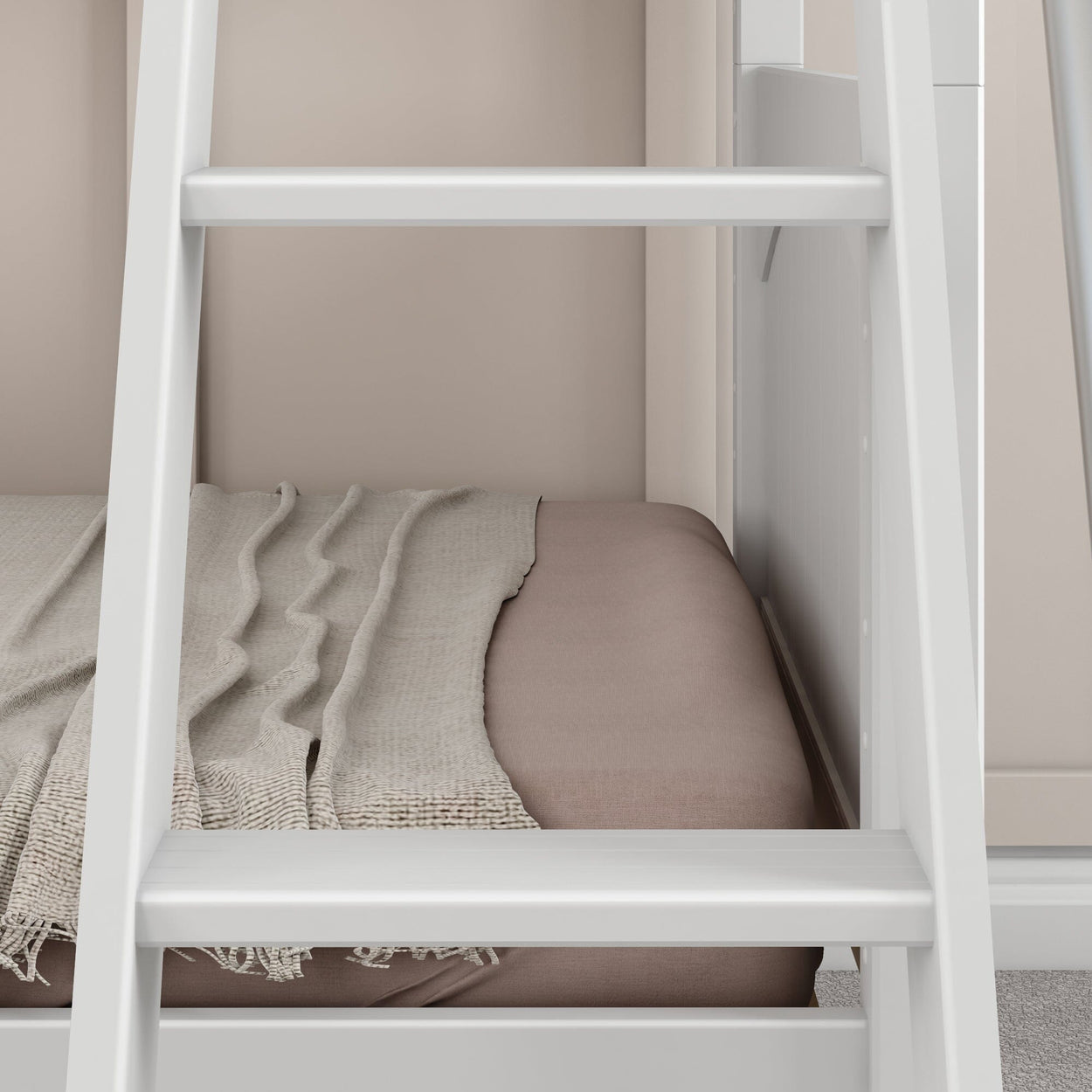 White modern bunk bed with beige bedding and cozy blanket in a minimalist bedroom setting.