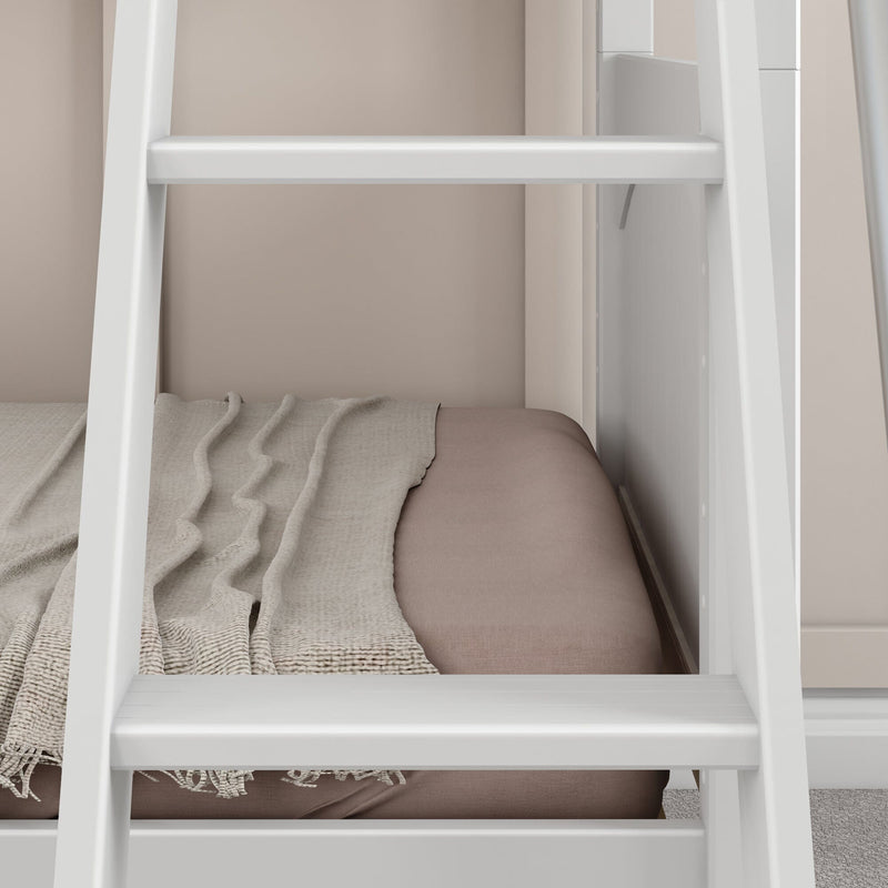 Close-up of white wooden ladder on a modern bunk bed with beige throw and dusty pink mattress in a minimalist kids' bedroom