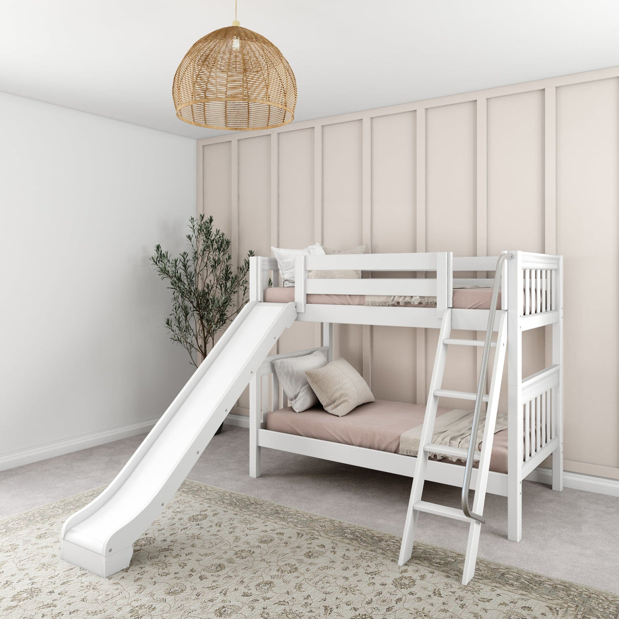 White children's bunk bed with slide and ladder in a stylish bedroom with pastel wall paneling and a decorative rug.