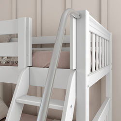 White wooden bunk bed with sturdy ladder in modern bedroom setting.