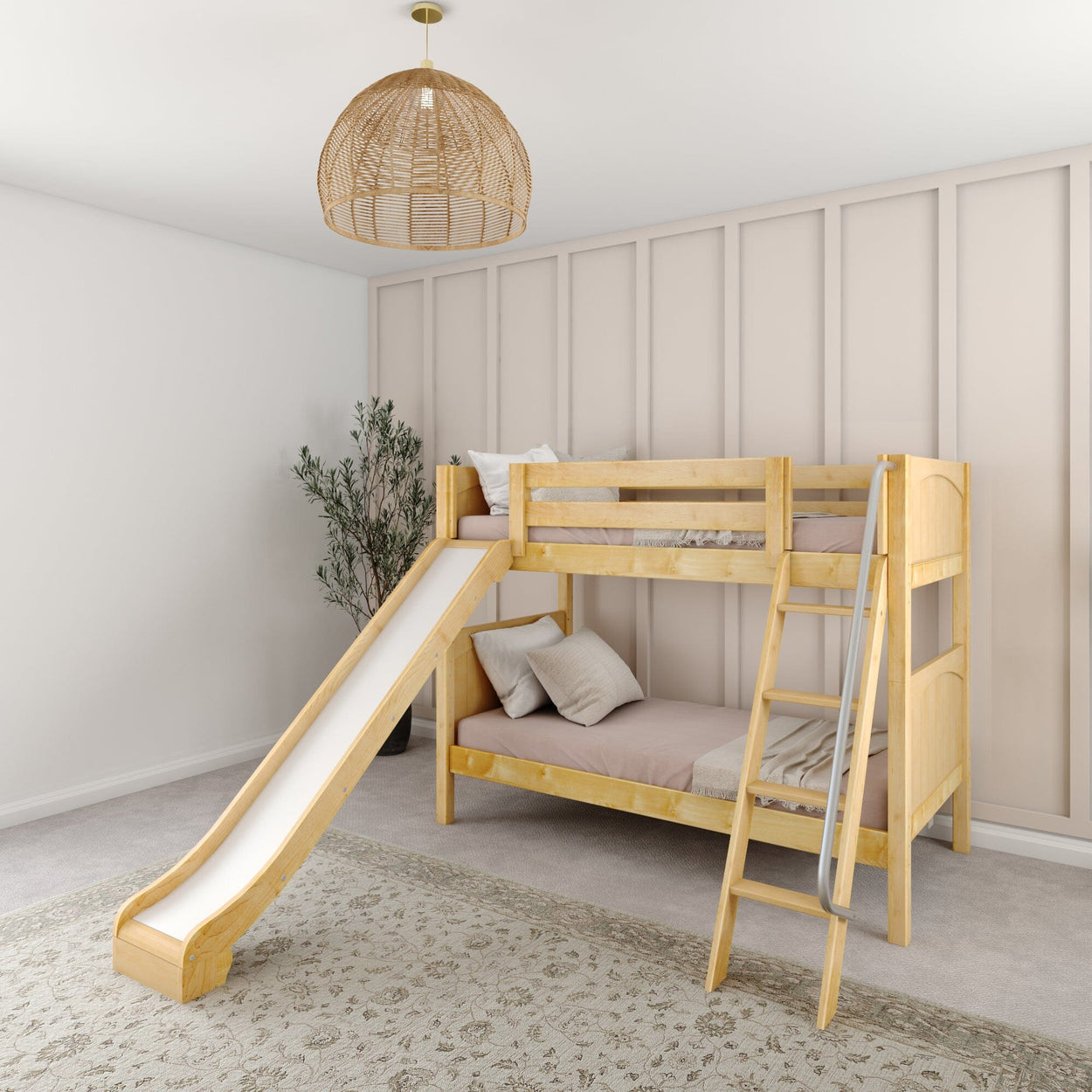 Wooden bunk bed with slide in modern children’s bedroom with neutral decor and hanging rattan light fixture.