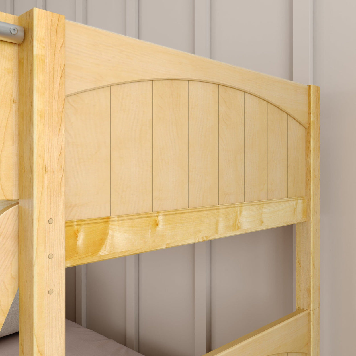 Wooden bunk bed with natural finish and paneled headboard design.