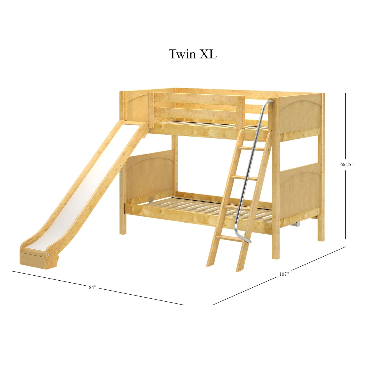 Wooden Twin XL bunk bed with slide and ladder, 66.25 inches tall, ideal for children's bedroom.