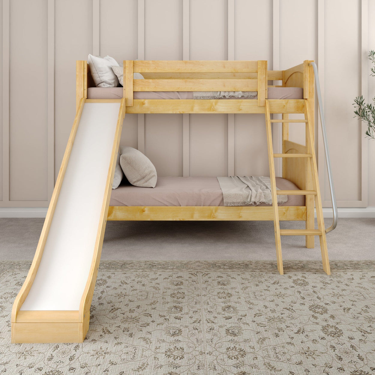 Wooden bunk bed with slide and ladder, ideal for kids' bedroom, modern design with beige decor.