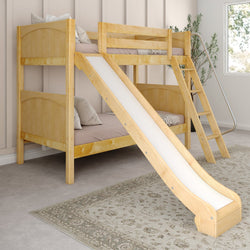 Wooden bunk bed with slide and ladder in cozy, carpeted bedroom setting.
