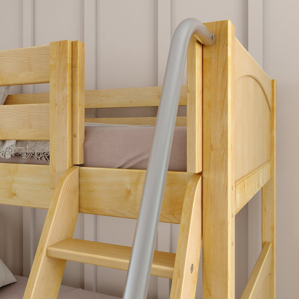 Wooden bunk bed with ladder in a modern bedroom.