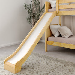 Wooden bunk bed with slide, featuring a cozy design and bedding, ideal for kids' bedroom furniture.