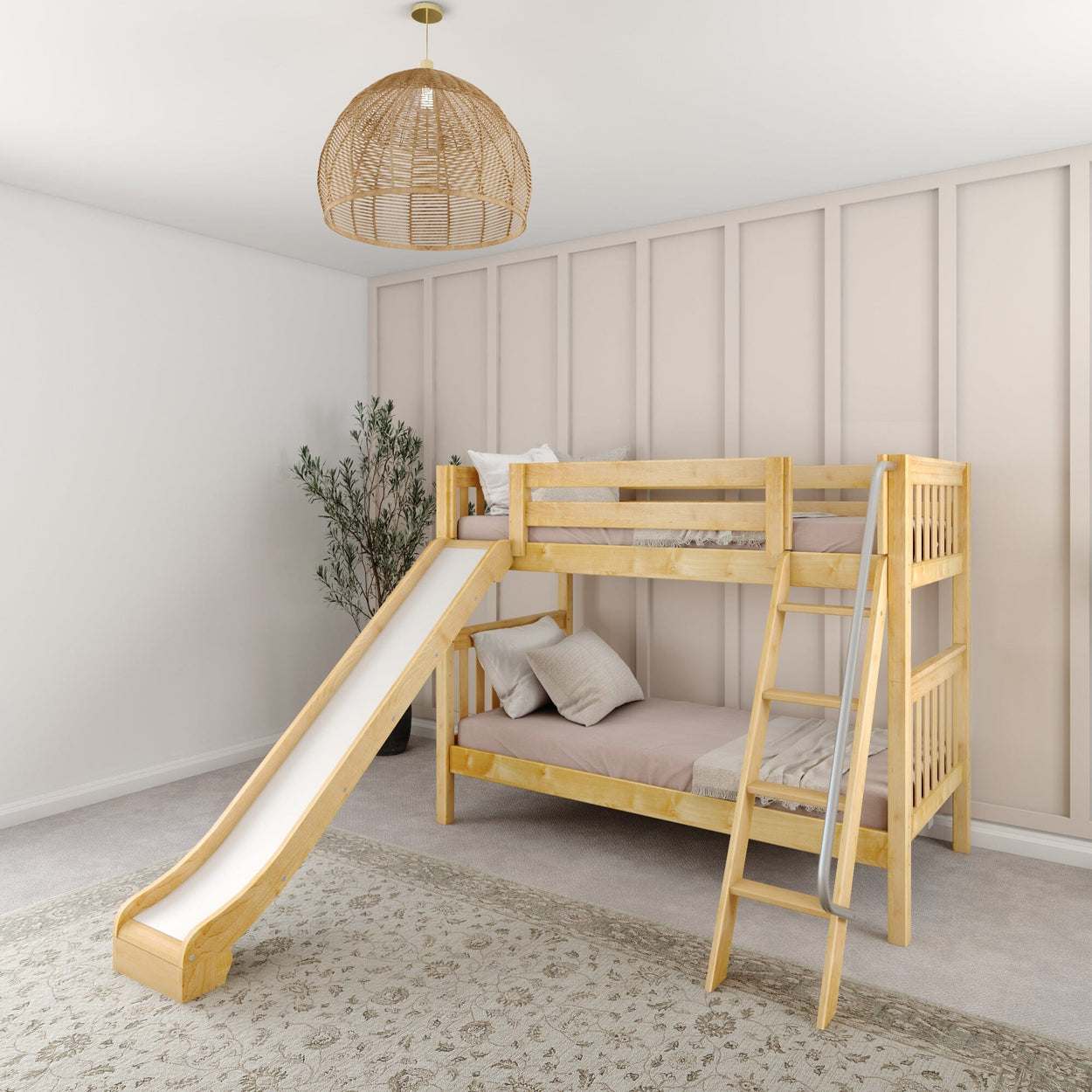 Wooden bunk bed with slide and ladder in a modern kids' room.