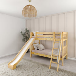Wooden bunk bed with slide and ladder in a modern kids' room.