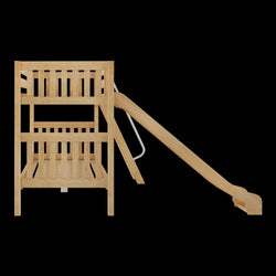 Wooden bunk bed with slide for kids, side view against black background.