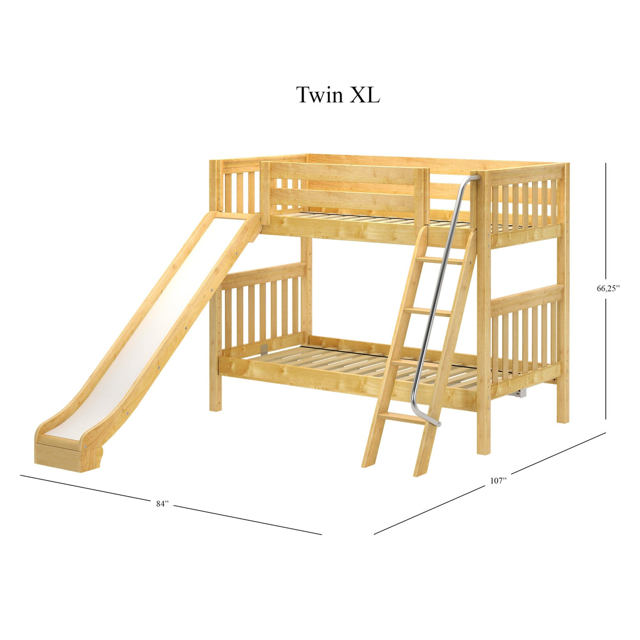Twin XL wooden bunk bed with slide and ladder for kids.