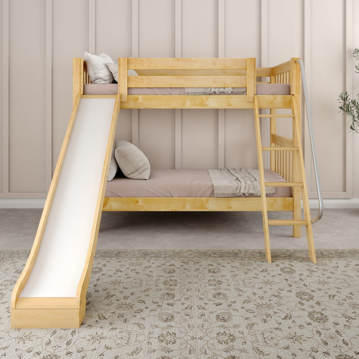 Wooden bunk bed with slide and ladder in cozy bedroom setting.