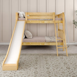 Wooden bunk bed with slide and ladder in cozy bedroom setting.