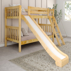 Wooden bunk bed with slide in cozy bedroom setting.
