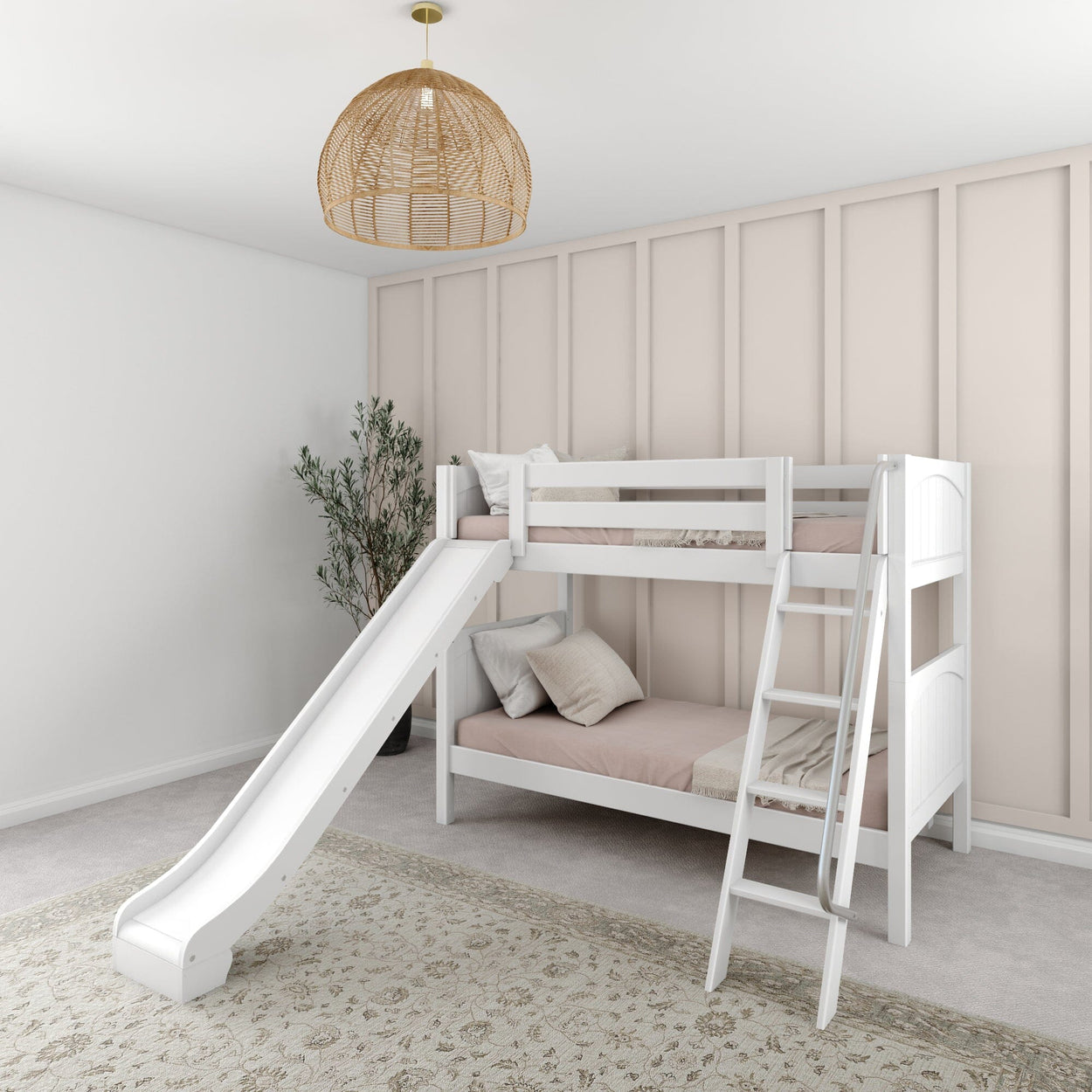 White bunk bed with slide in modern children's bedroom with beige walls and cozy decor.