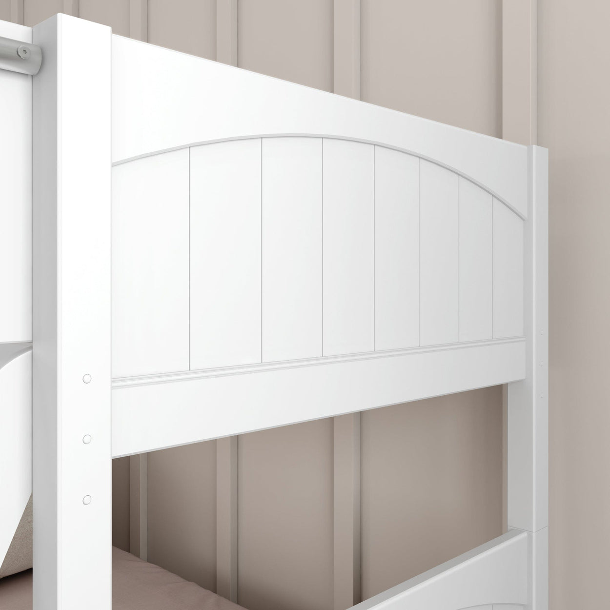 White wooden bunk bed frame with vertical panel design and light beige wall background.
