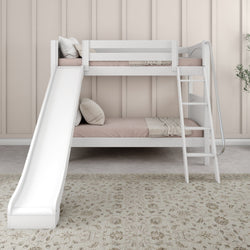 White bunk bed with slide and ladder in a modern kids' bedroom with neutral decor.