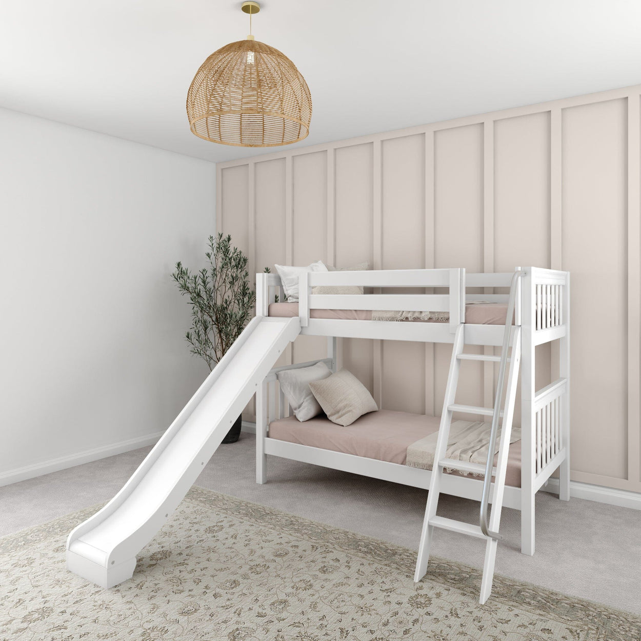 Children's white bunk bed with slide in modern bedroom.