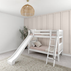 Children's white bunk bed with slide in modern bedroom.