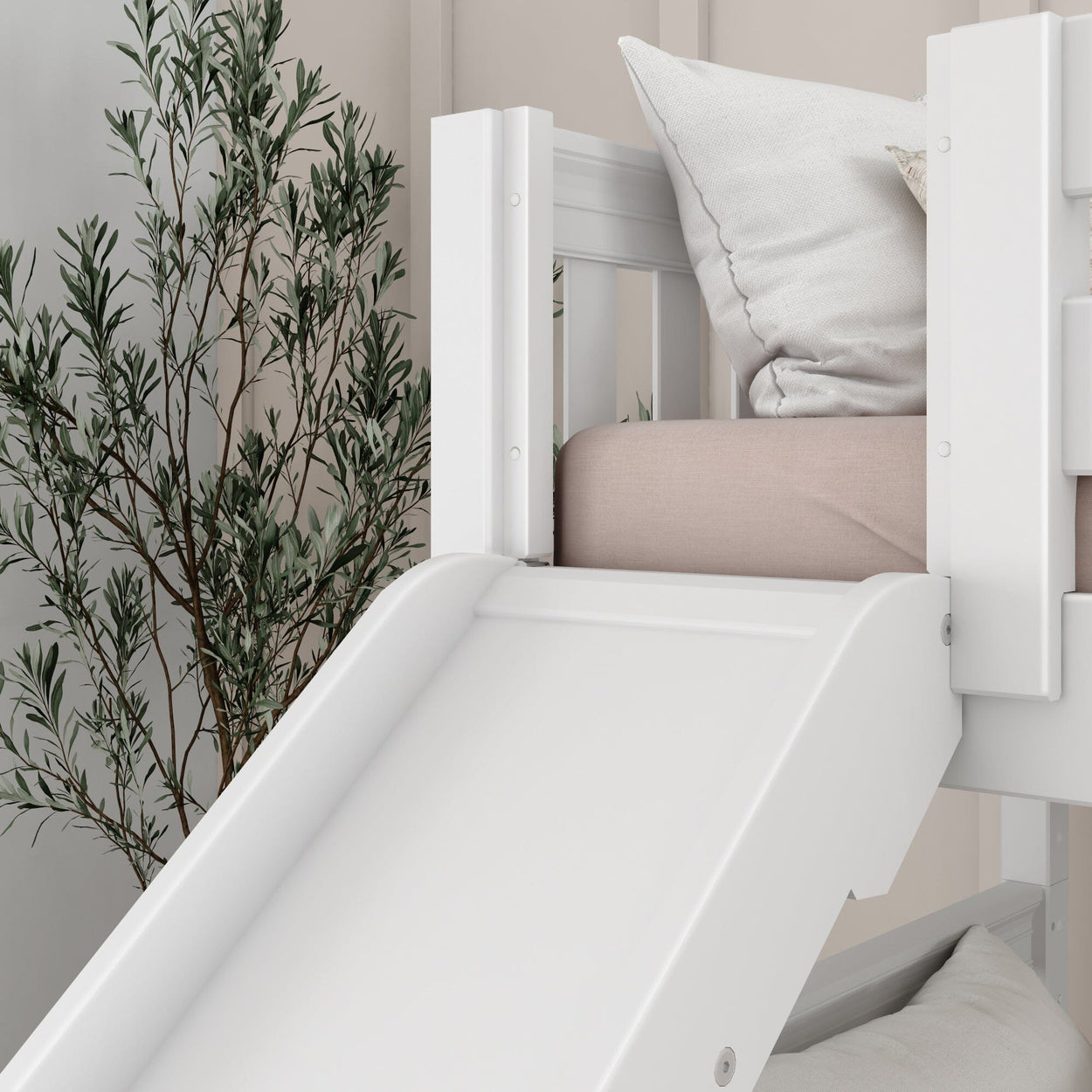 Children's loft bed with white slide and cozy bedding in modern bedroom setting.