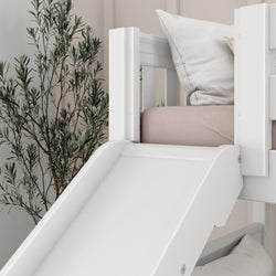 Children's loft bed with white slide and cozy bedding in modern bedroom setting.