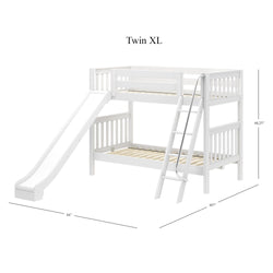 White twin XL bunk bed with slide and ladder, ideal for kids' rooms, 66.25 inches tall, 107 inches long.