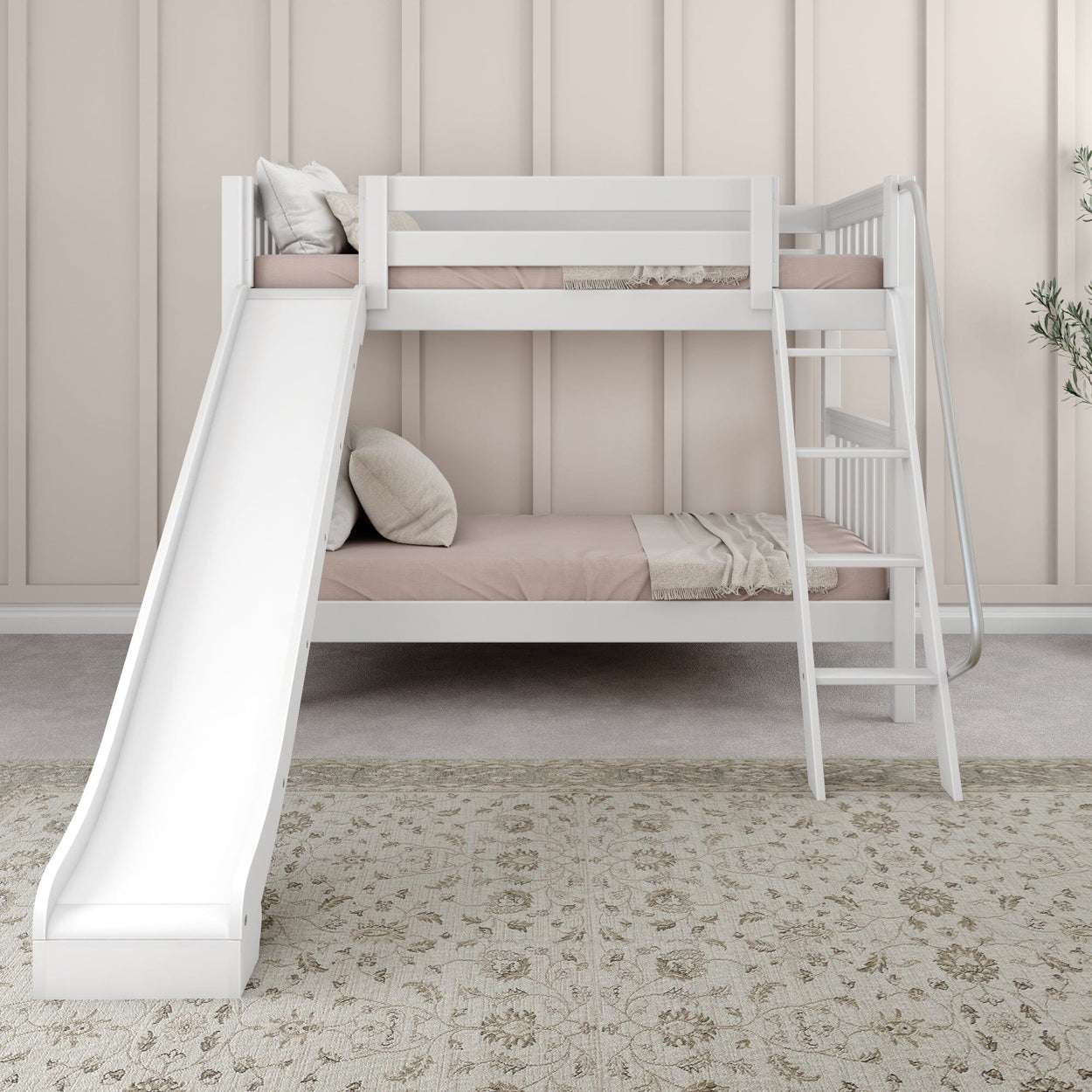 White bunk bed with slide and ladder in a modern kids' bedroom.