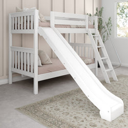 White wooden bunk bed with slide and ladder in a cozy children's bedroom.