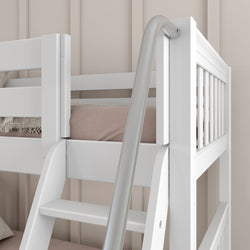White wooden bunk bed with ladder in a modern bedroom setting.