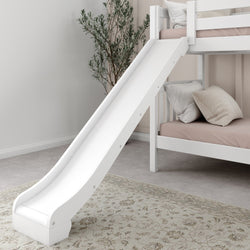 White bunk bed with slide, modern kids room furniture, cozy design.