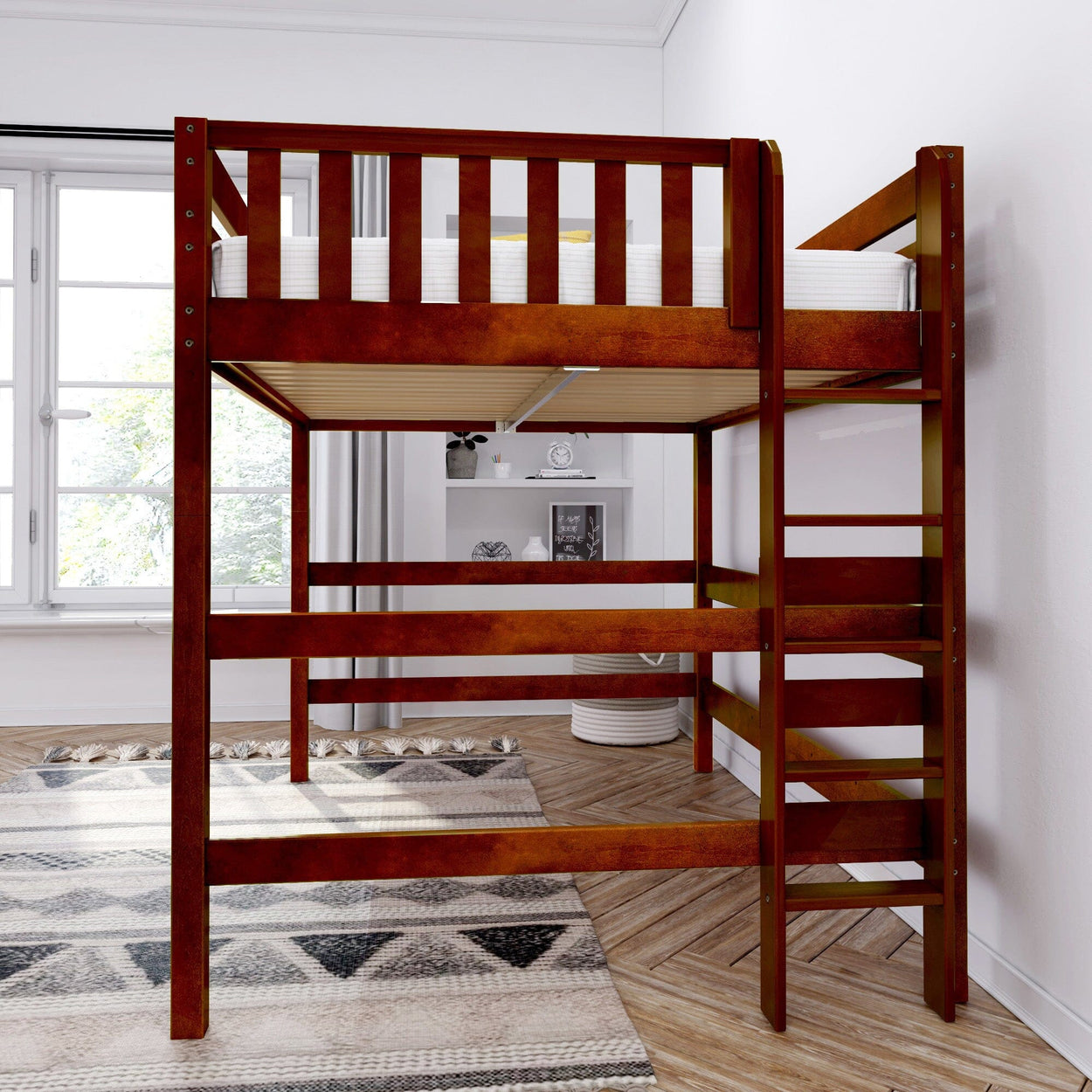Wooden loft bed in a modern bedroom with natural light and patterned rug.