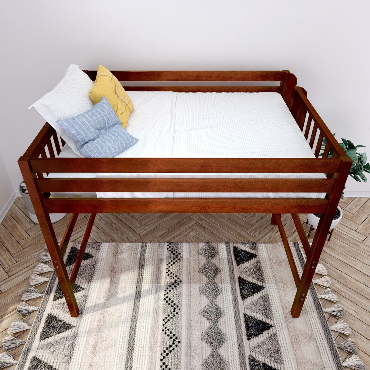 Wooden mid-century modern loft bed with white and blue bedding, featuring a stylish geometric rug and plant accent in a minimalist bedroom setting.