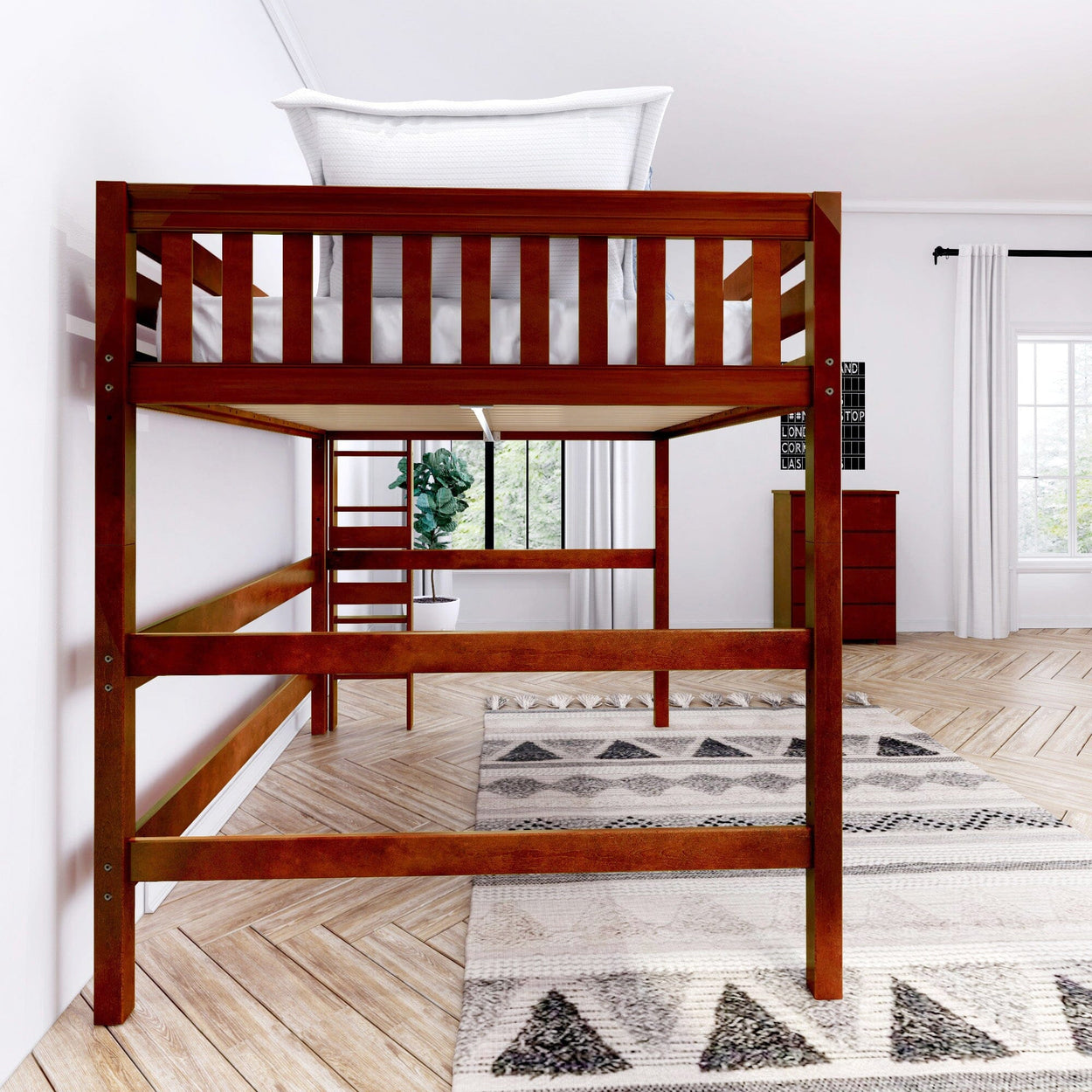 Loft bed with wooden frame in modern bedroom, featuring chevron-patterned rug and natural light.