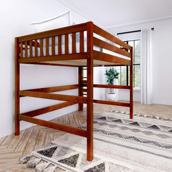 Wooden loft bed in modern bedroom with natural light and patterned rug.