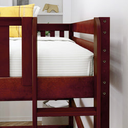 Wooden loft bed with white linens and yellow pillow in modern bedroom.