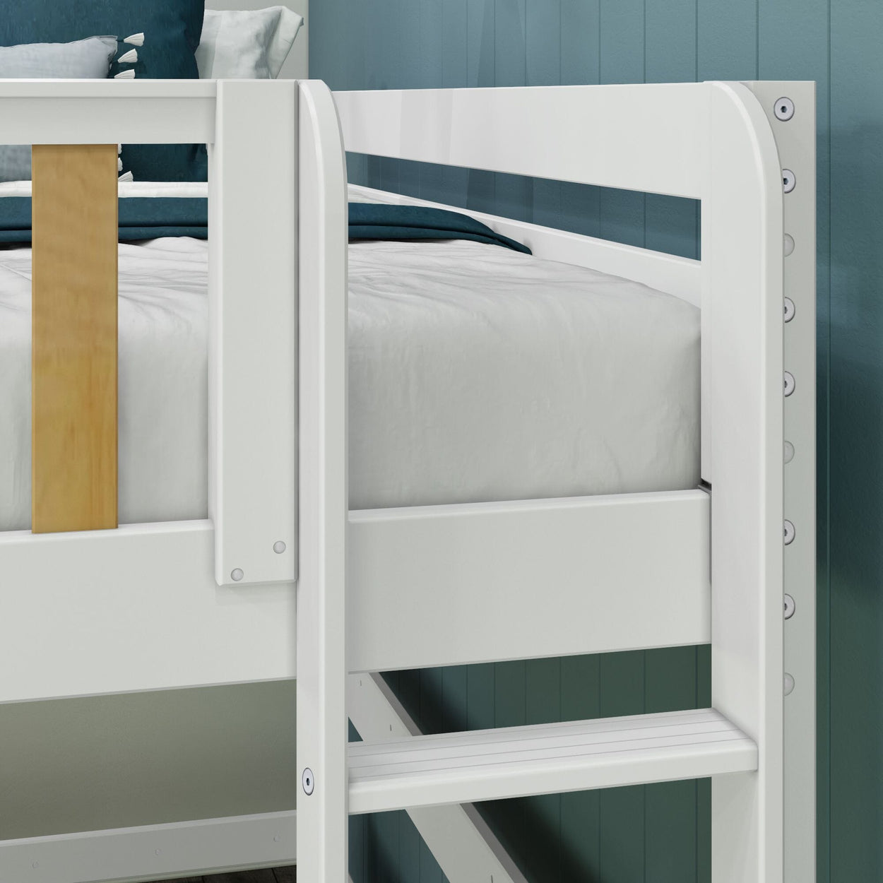 White wooden bunk bed with ladder and teal bedding in a modern bedroom setting.