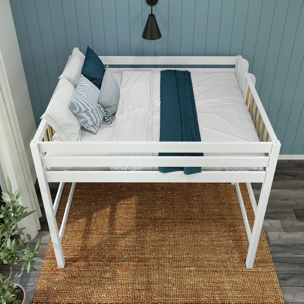 White modern loft bed with blue wall paneling and stylish bedding in a cozy bedroom setup.