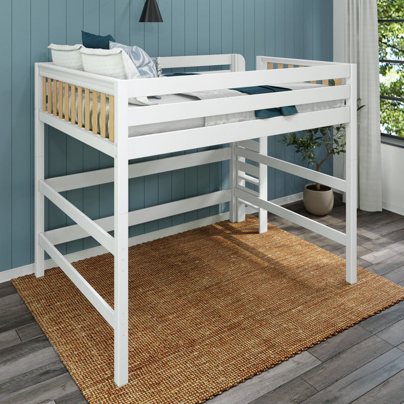 White twin loft bed with guardrails and ladder in blue kids' bedroom, styled with pillows and potted plant