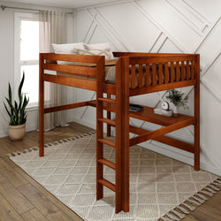 Loft bed with built-in ladder and storage shelves in modern bedroom setting.