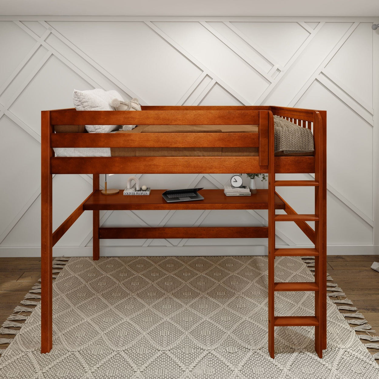Wooden loft bed with ladder and workspace in modern bedroom.