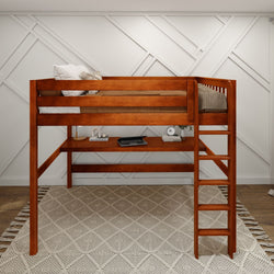 Wooden loft bed with ladder and workspace in modern bedroom.
