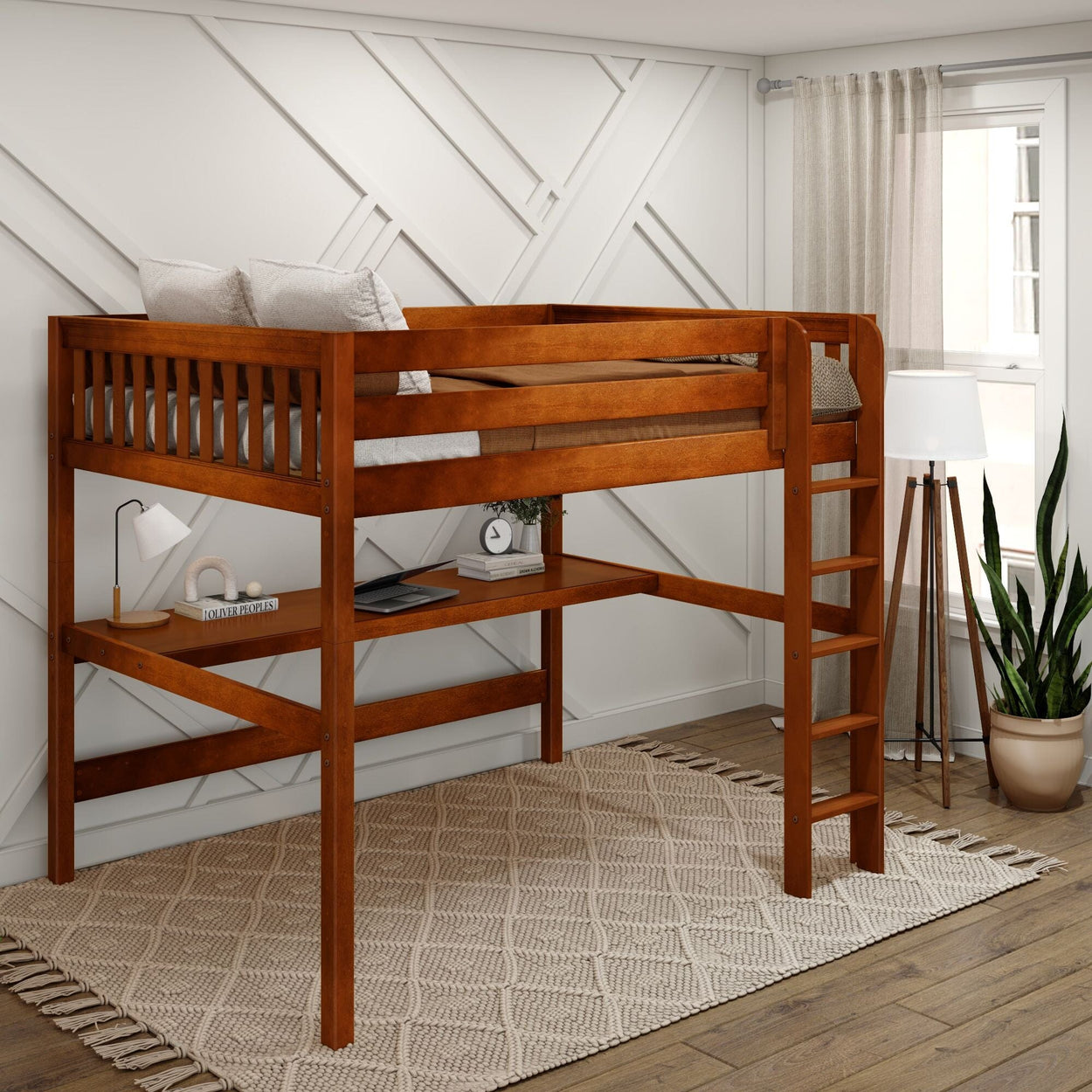 Wooden loft bed with desk and ladder in modern bedroom, featuring neutral decor and natural light.