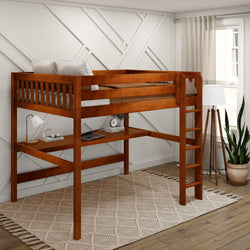Wooden loft bed with desk and ladder in modern bedroom, featuring neutral decor and natural light.