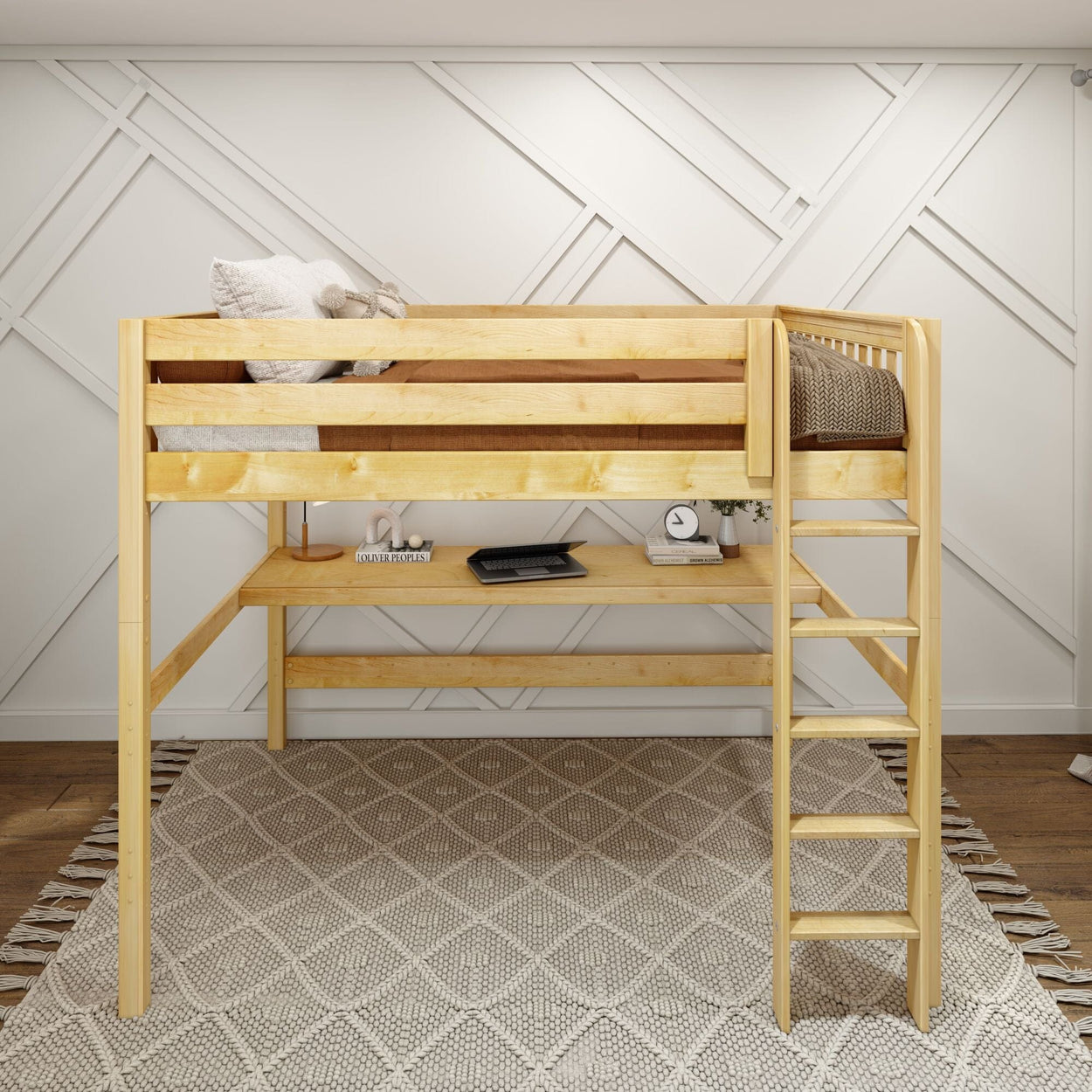 Loft bed with desk in a stylish bedroom, featuring modern design and neutral decor.