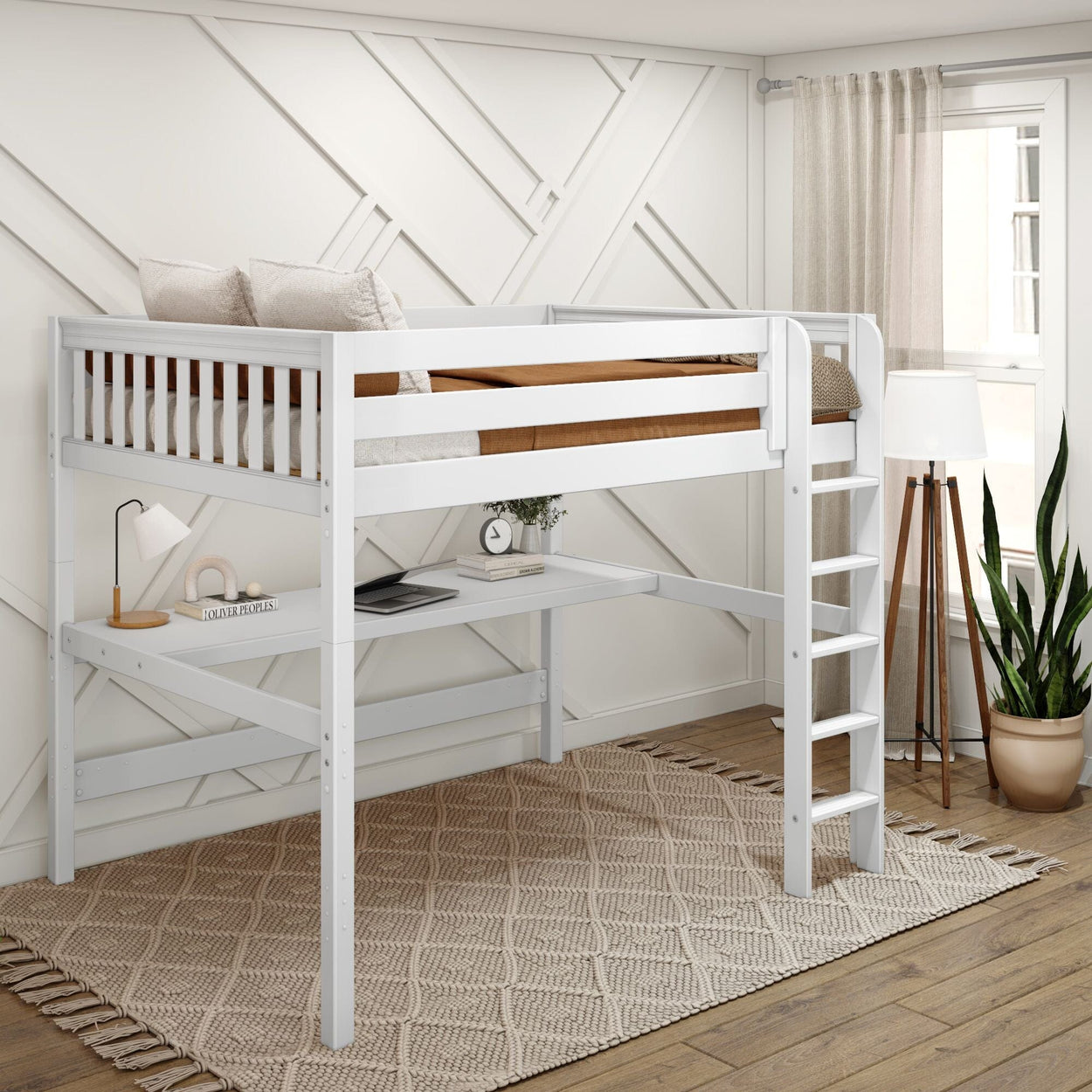White loft bed with ladder and built-in desk in modern bedroom setting.