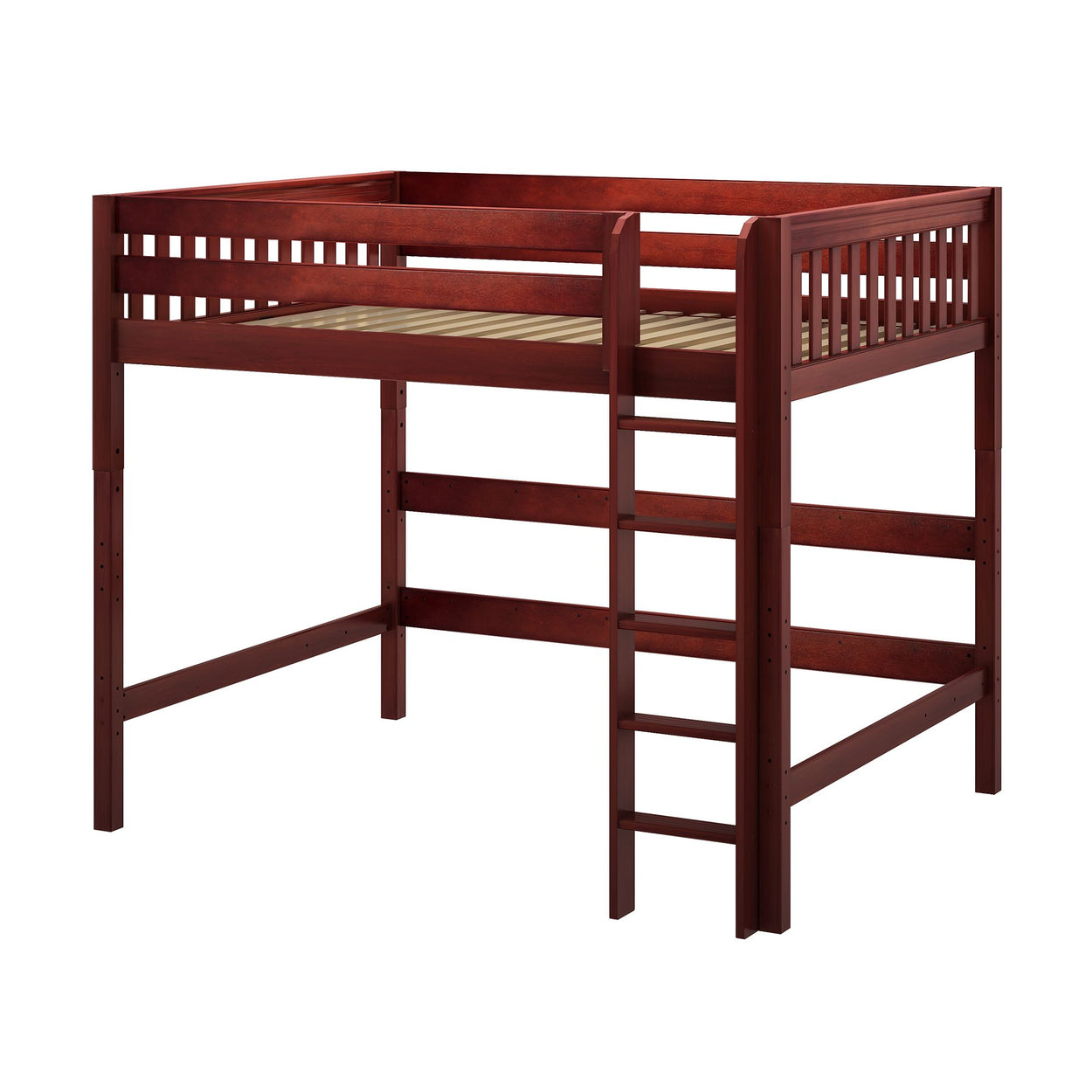 Wooden loft bed with ladder in a room, perfect space-saving solution for kids or teens.