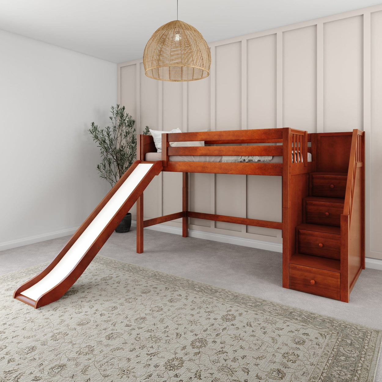 Wood loft bed with slide and staircase in modern bedroom.